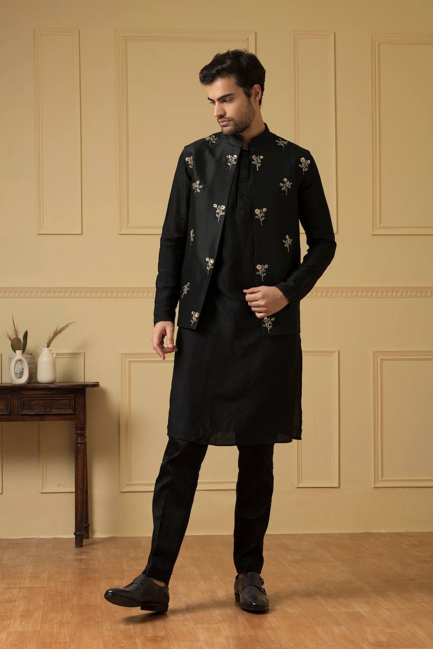 Black Color Sequence Butti Motif Embroidered Jacket And Kurta Set For Men's