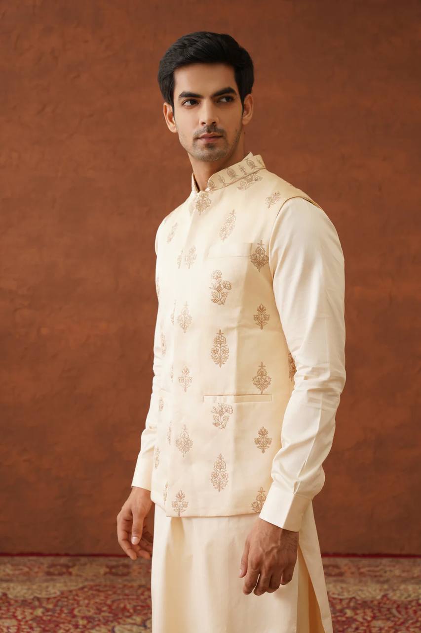 BEIGE EMBROIDERED JACKET AND KURTA SET FOR MEN'S