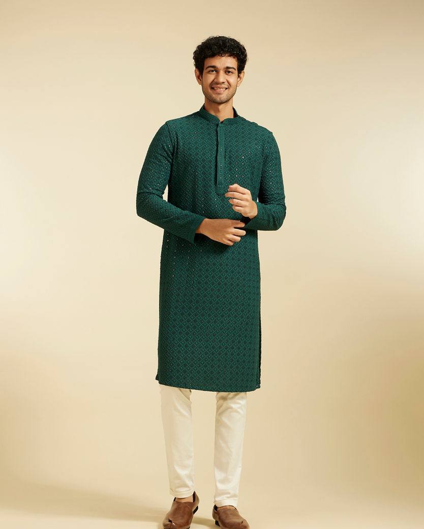 BOTTLE GREEN CHIKANKARI EMBROIDERED KURTA PAJAMA SET