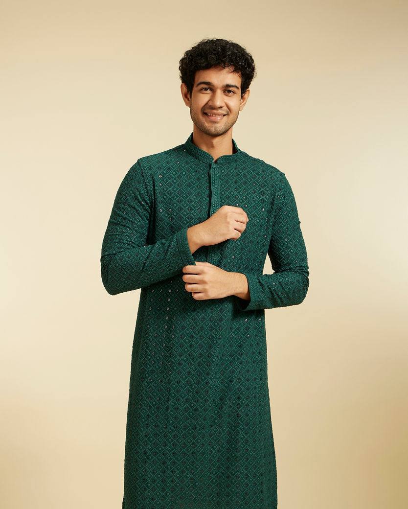 BOTTLE GREEN CHIKANKARI EMBROIDERED KURTA PAJAMA SET