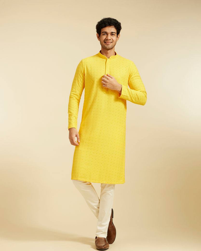 YELLOW CHIKANKARI EMBROIDERED KURTA PAJAMA SET