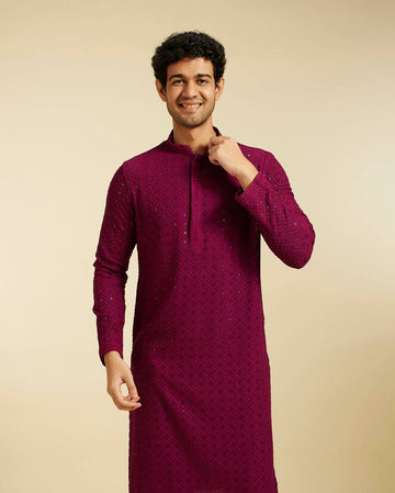 MAROON RED CHIKANKARI EMBROIDERED KURTA PAJAMA SET