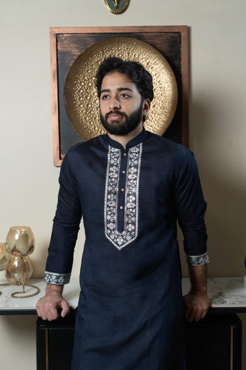 NAVY BLUE NECK EMBROIDERED WORK MEN’S KURTA WITH PAJAMA