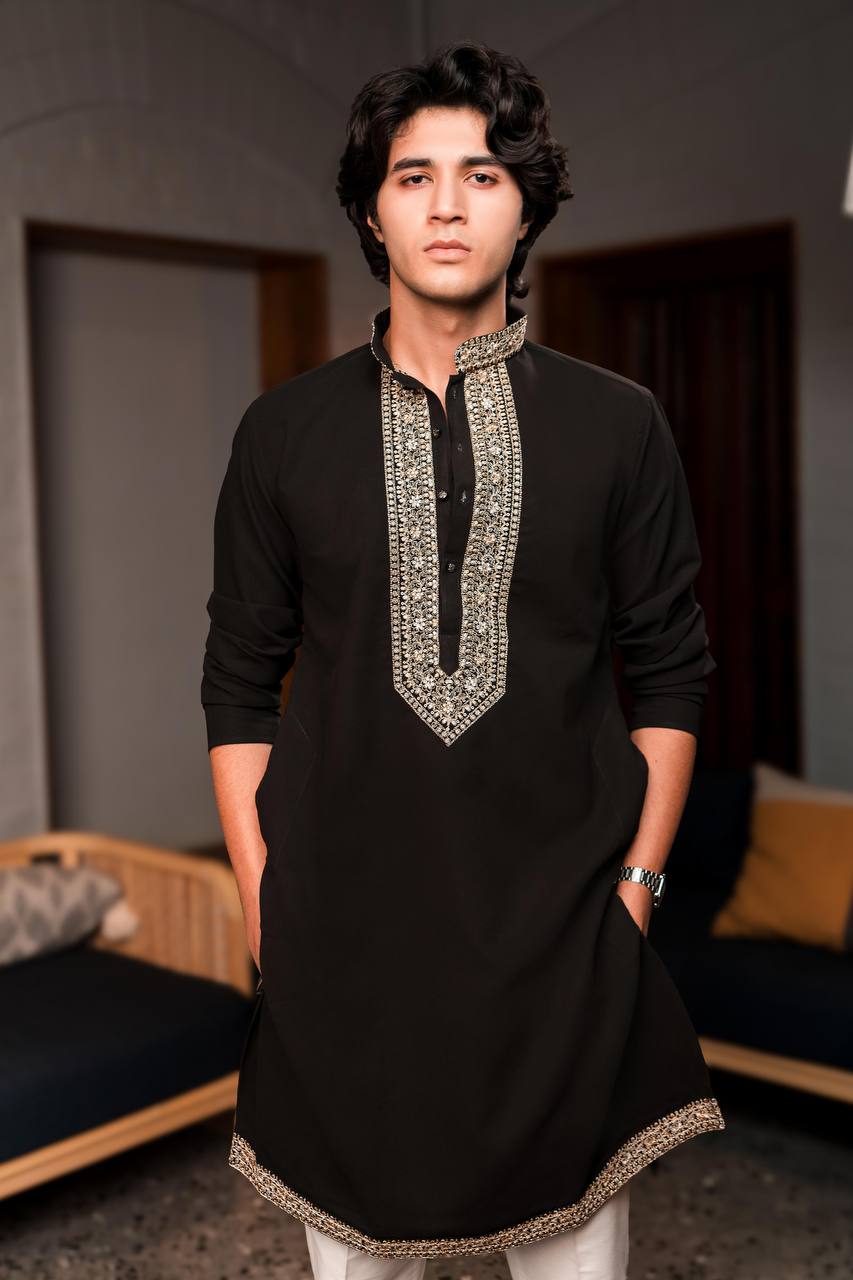 BLACK NACK GOLDEN EMBROIDERED KURTA WITH PAJAMA SET