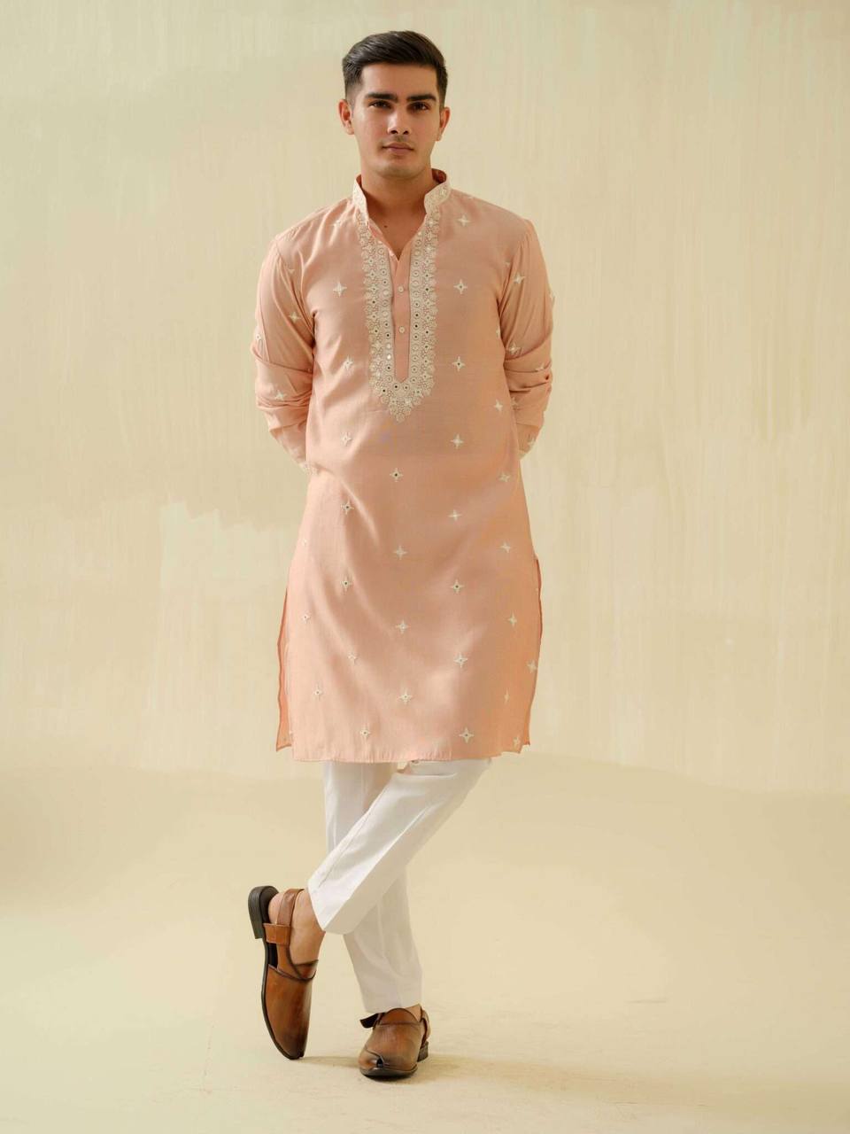 STYLISH PEACH MIRROR WORK EMBROIDERED KURTA WITH PAJAMA