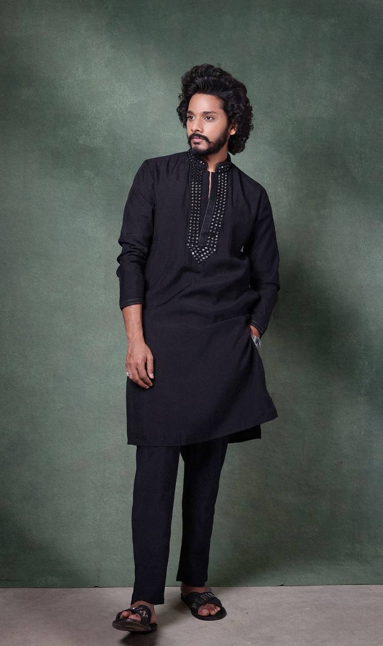 SPECIAL BLACK REAL MIRROR WORK KURTA WITH PAJAMA