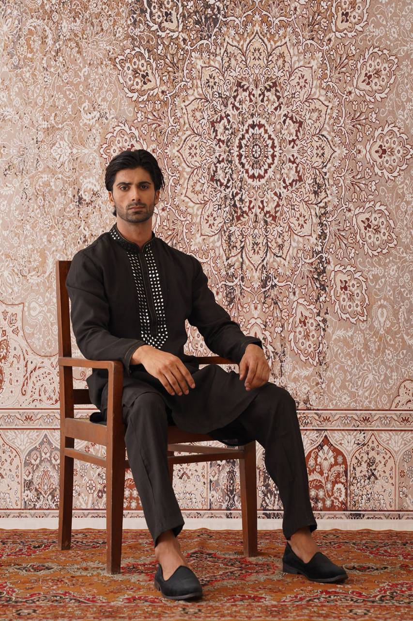 SPECIAL BLACK REAL MIRROR WORK KURTA WITH PAJAMA