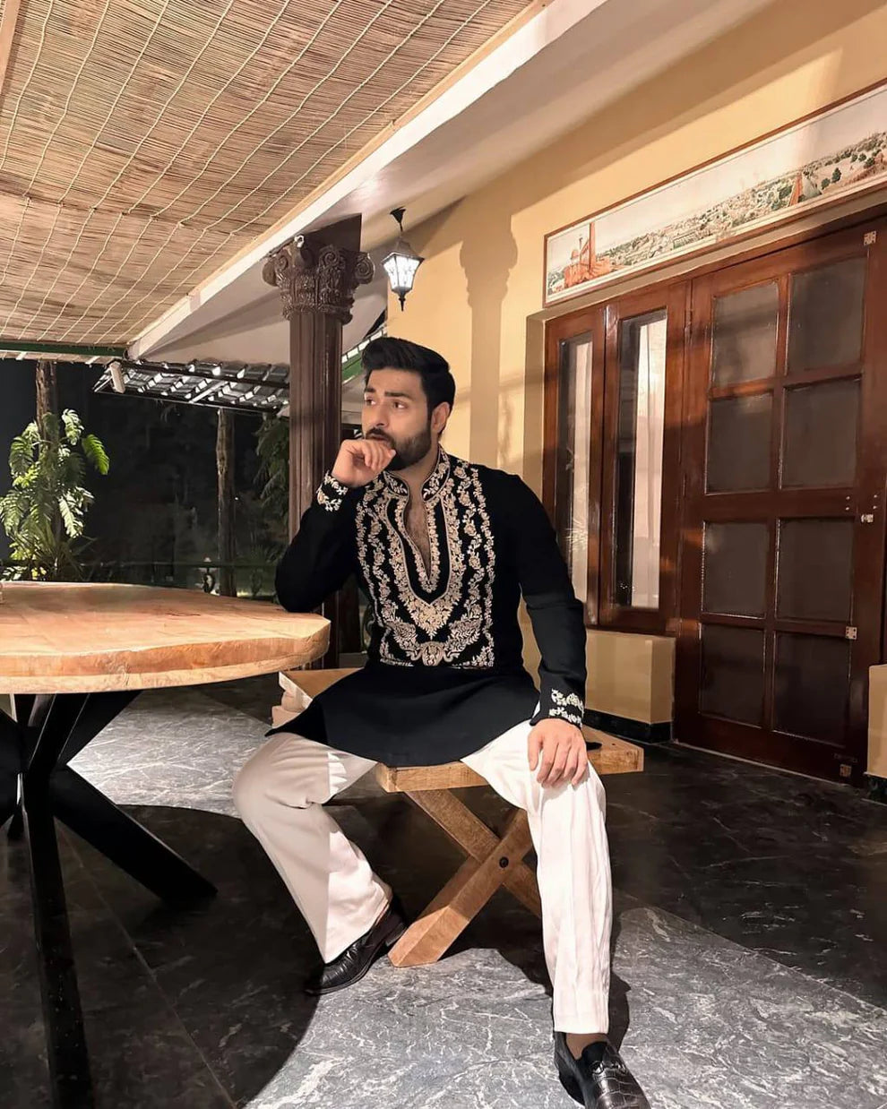 BLACK STYLISH NECK PATTERN EMBROIDERED WORK KURTA WITH bootcut  PANT  FOR MENS