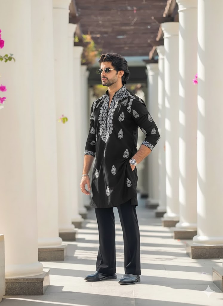 BLACK  NECK EMBROIDERED WORK KURTA WITH PAJAMA FOR MENS